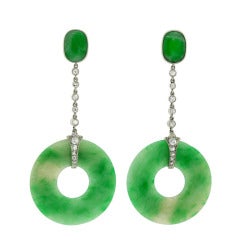 Antique Art Deco Jade Diamond Dangle Earrings
