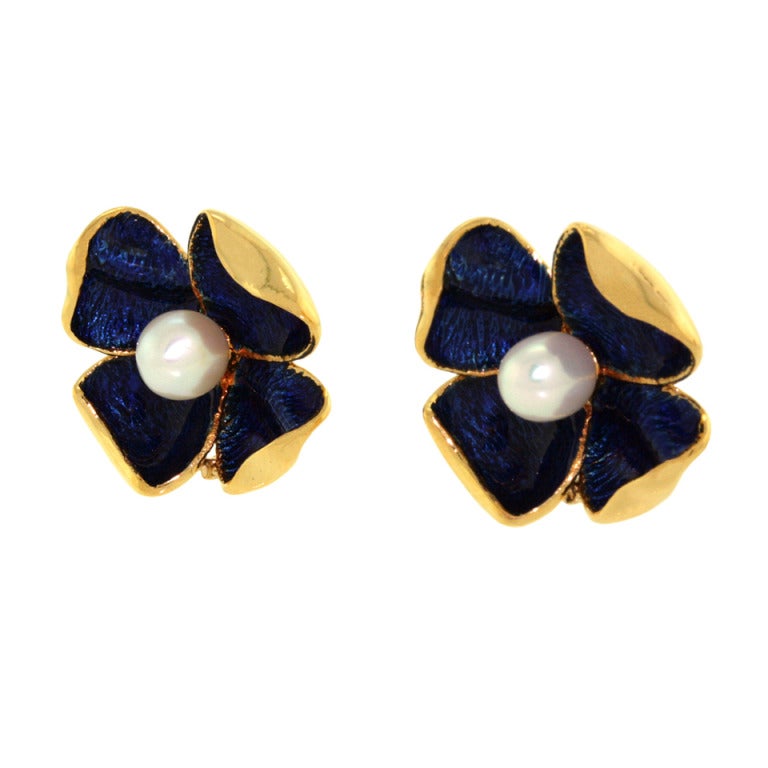 Cartier Enamel and Pearl Flower Earrings In Excellent Condition In Litchfield, CT