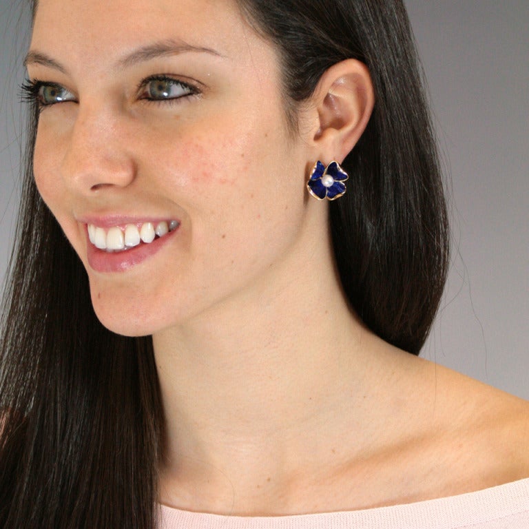 Women's Cartier Enamel and Pearl Flower Earrings