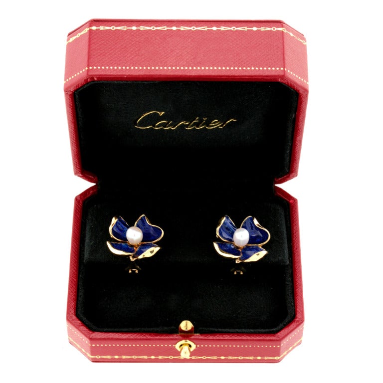 Cartier Enamel and Pearl Flower Earrings 4