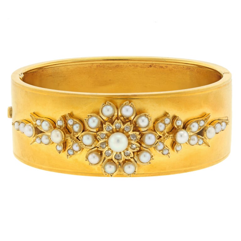 Antique Pearl & Rose-cut Diamond Bangle by Hunt & Roskell