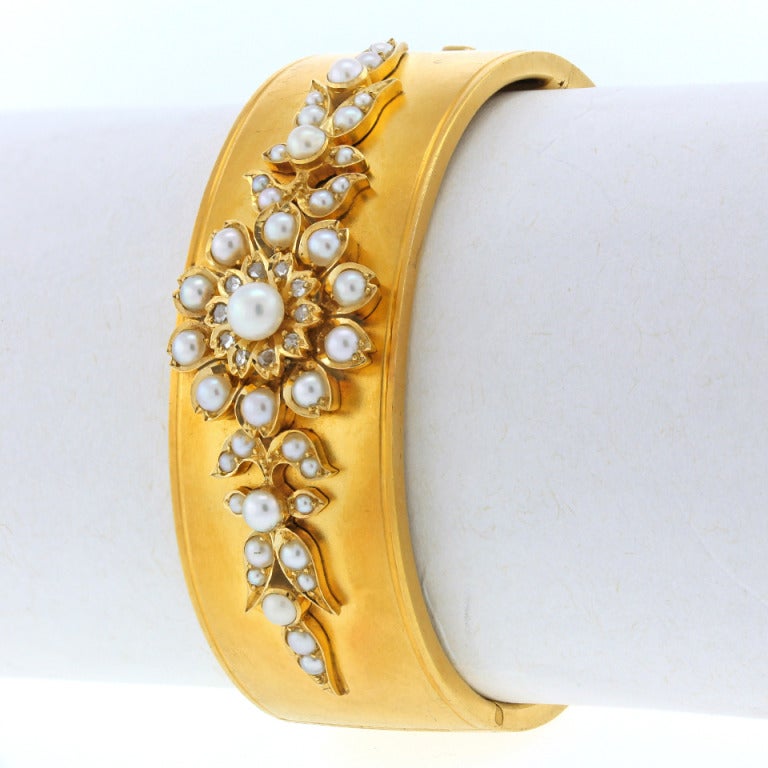 Victorian Antique Pearl & Rose-cut Diamond Bangle by Hunt & Roskell