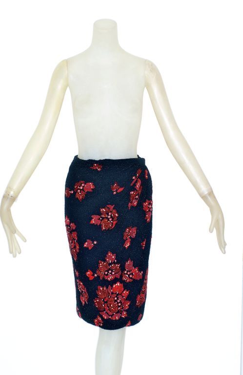 Valentino Couture Fully Embroidered Red Flowers Skirt