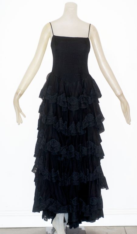 Circa 1978 Valentino Couture Black Silk and Lace Gown For Sale 1