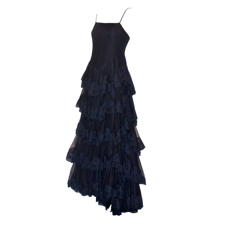 Circa 1978 Valentino Couture Black Silk and Lace Gown For Sale