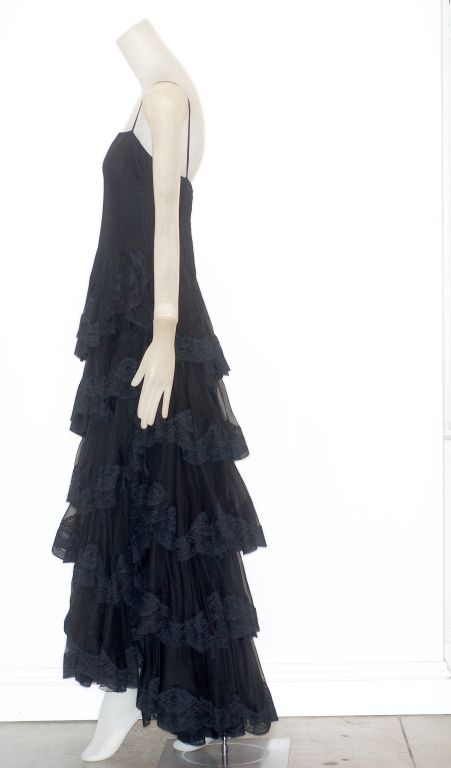 Circa 1978 Valentino Couture Black Silk and Lace Gown For Sale 2