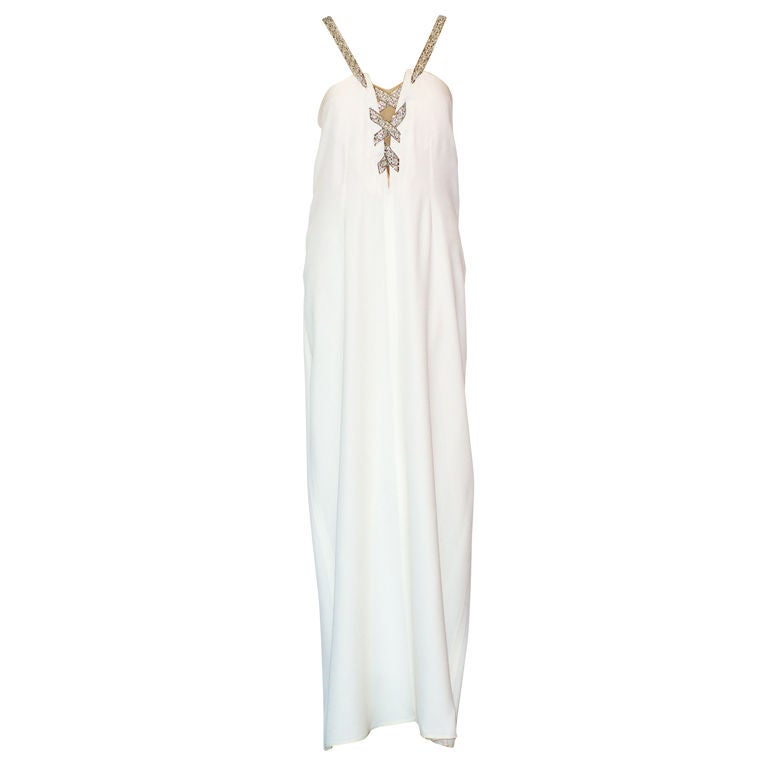 Valentino Prêt-å-Porter White Crepe Gown with Embroidered Straps For Sale