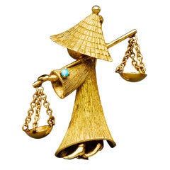 French Gold Peking Figure Brooch, 1950s