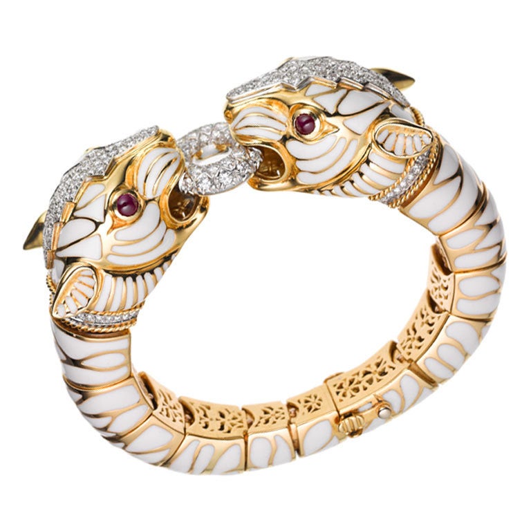 Enamel Gold Dual Tiger Bracelet For Sale