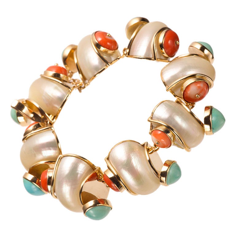 SEAMAN SCHEPPS Shell, Turquoise, & Coral Bracelet For Sale