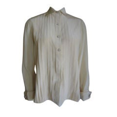Vintage Ivory pleated silk top with jeweled buttons & cuffs Norman Noell
