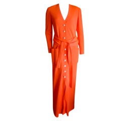 Retro Norell orange jersey  maxi dress with belt & jewel buttons