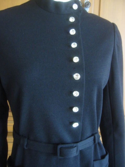 Norell belted black dress w 20 Swarovski crystal buttons 1