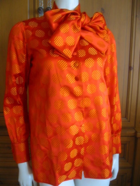 Norell orange polka dot silk blouse with pussycat bow