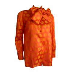 Vintage Norell orange polka dot silk blouse with pussycat bow