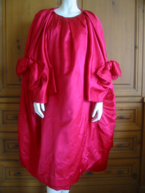 Norman Norell Shocking Pink Silk Evening Coat w 2 Pussycat Bow's