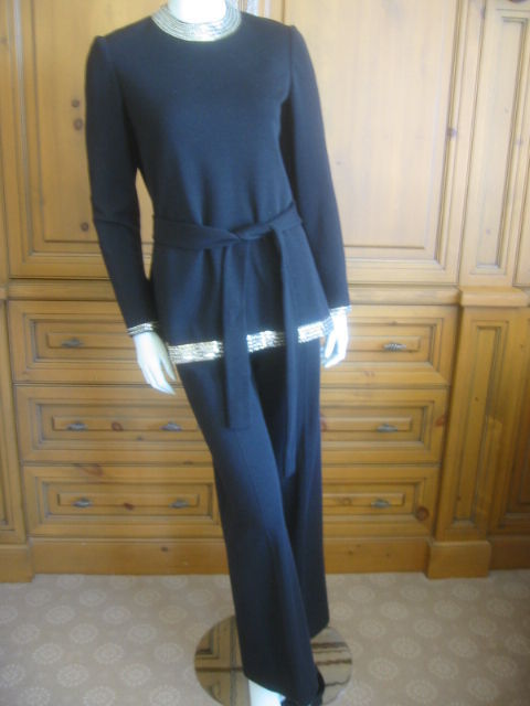 Sequin & Crystal trim black evening pantsuit from Norman Norell<br />
Top<br />
Bust 38