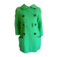 Vintage Norell Neon Green Stylized Peacoat with Belt & Bold Buttons