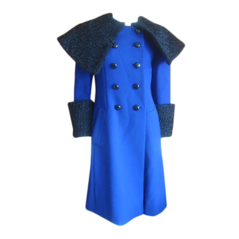 Norman Norell Blue wool cape  collar coat with Swakara Trim