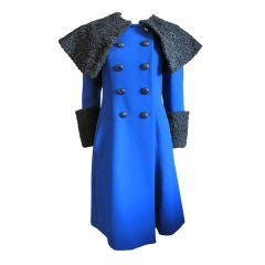 Norman Norell Blue wool cape  collar coat with Swakara Trim