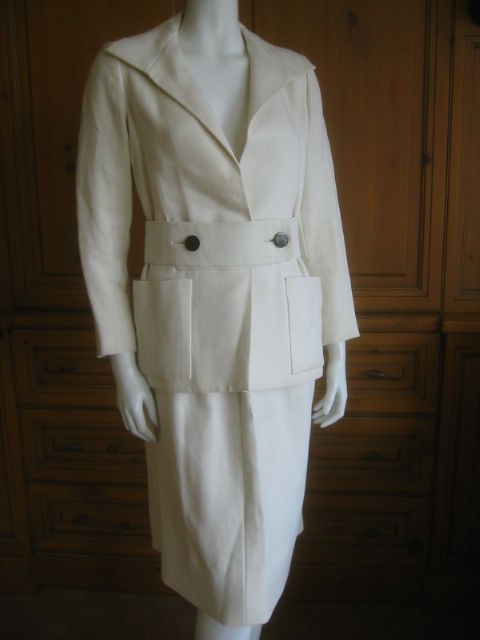 Women's Ivory belted ivory Linen suit from Norman Norell For Sale