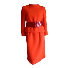 Norman Norell orange wool suit with red mod patent belt