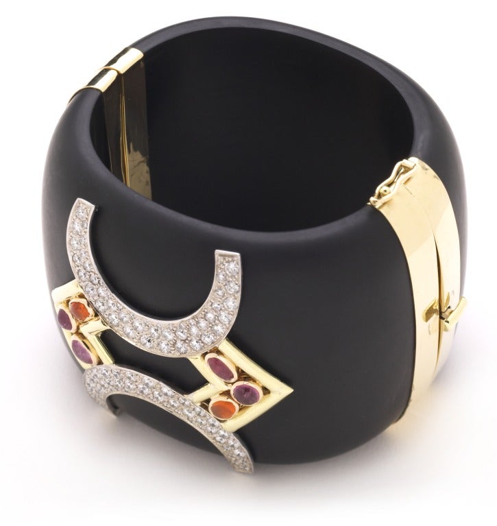 KARA ROSS - This hand carved Jet Cuff showcases multi-colored gemstone cabochons which accent two 18k gold and pave brilliant cut round diamond 
