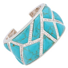 Wide Maze Cuff in Turquoise and White Sapphires