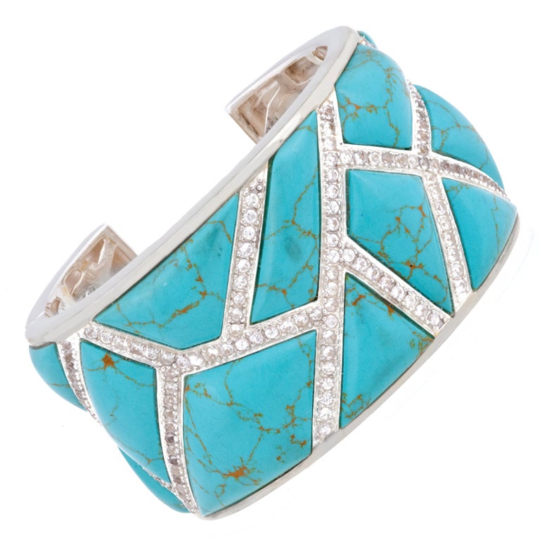 Wide Maze Cuff in Turquoise and White Sapphires For Sale