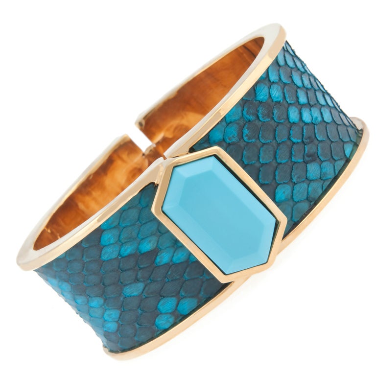 Wide Hexagon Cuff, Turquoise Python and Turquoise For Sale