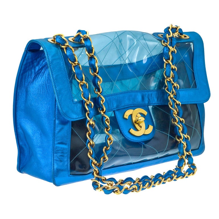 Vintage Chanel quilted Jumbo bag in blue Metallic and PVC.