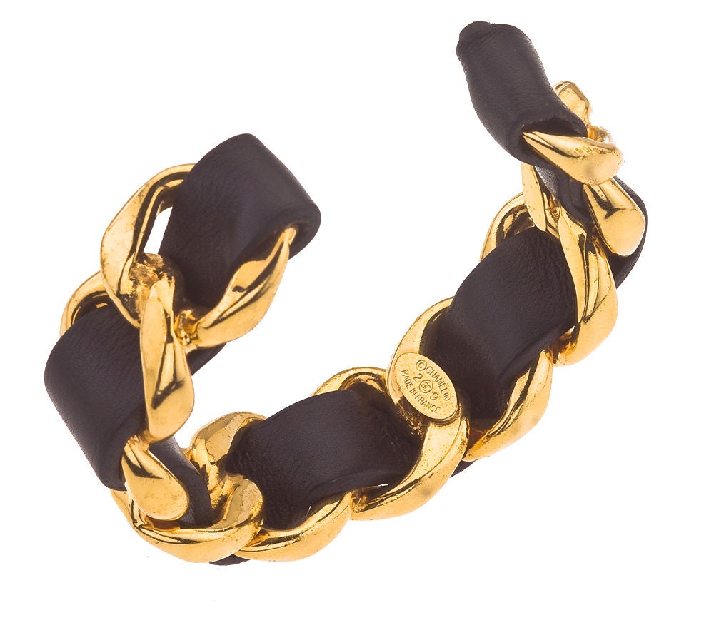 CHANEL GOLD/BLACK LEATHER BANGLE BRACELET