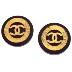 Chanel Black and Gold Vintage Clip-On Earrings with CC logos