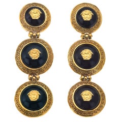 GIANNI VERSACE BLACK AND GOLD 3 MEDUSAS DANGLING EARRINGS