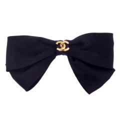 Vintage CHANEL BLACK BOW HAIR BARRETTE WITH CC