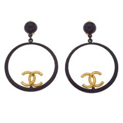 Chanel Large Black and Gold Hoop Earrings