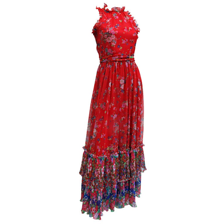 Radient Red 1970s Floral Maxi Dress
