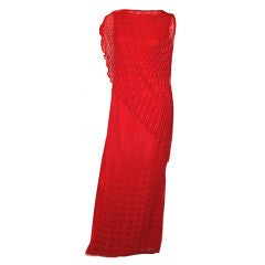 RICHILENE Dramatic Red Silk Column Dress w Sheer Shawl Detail