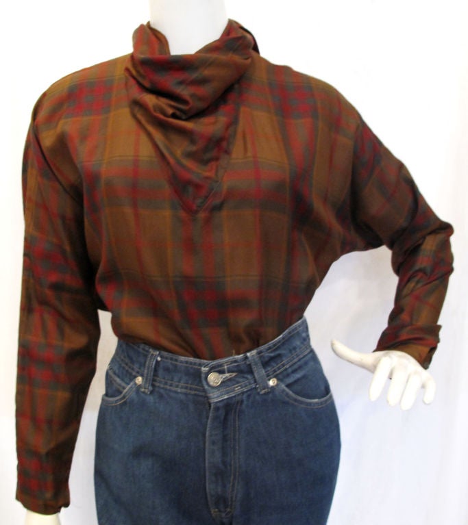 early 1980s Silk PERRY ELLIS Cowl Neck Plaid Blouse