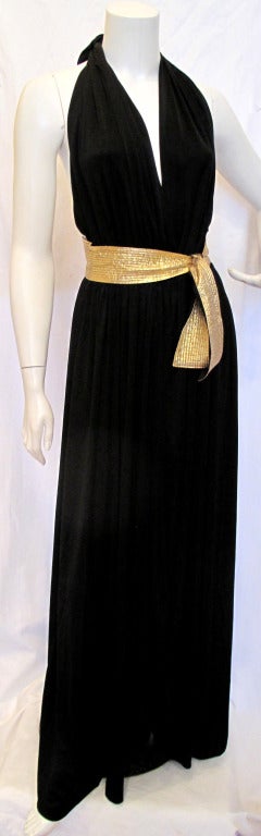 BILL TICE 70s Disco Dress w/ Plunging Neckline<br />
<br />
Gole tie belt, elastic on bust so measurement is flexible