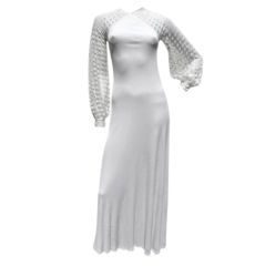 Retro MOLLIE PARNIS White Jersey Dress w. Dot lace Balloon sleeves
