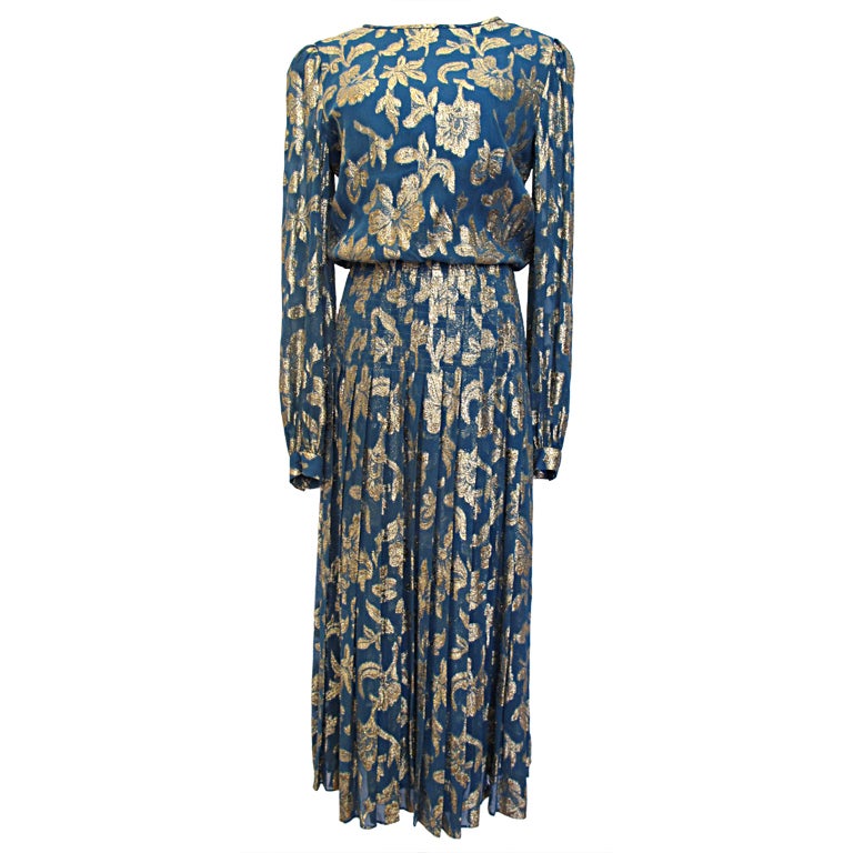 EVENINGS BY RAUL BLANCO Gold and Empire Blue Dress at 1stDibs raul