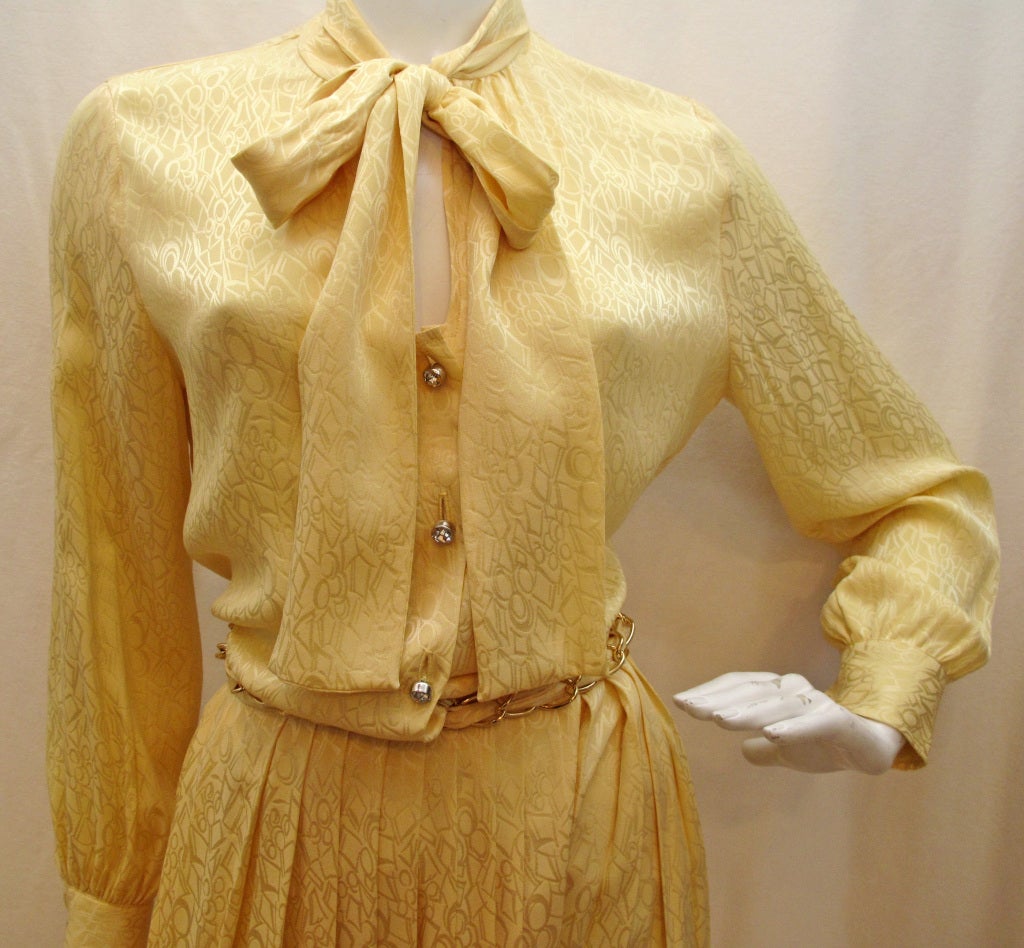 Women's 1960s ADOLFO Pastel Yellow Pussy Bow Skirt Set