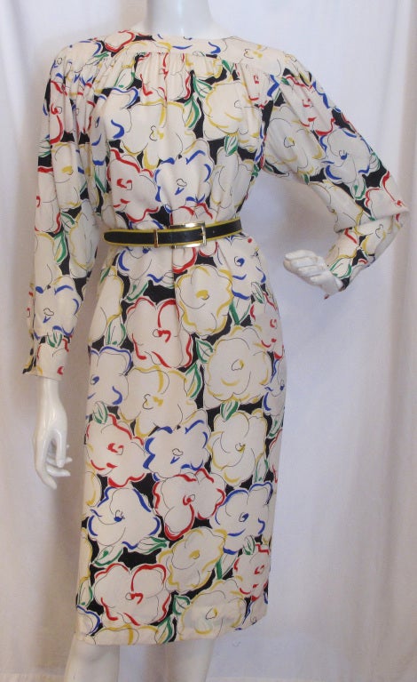 Please contact dealer prior to purchase for White Glove shipping options.

EMANUEL UNGARO Long Sleeved Silk Floral Dress in cream, black, kelly green, and all the primary colors!

The pattern has a very faint marine life print with octopus' and