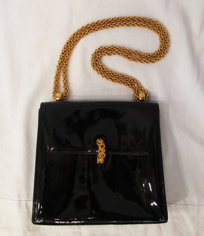 Fantastic PALMOA PICASSO Black Patent Leather Handbag with Gold Hardware. Wear the strap long, or double it up for a shoulder bag.