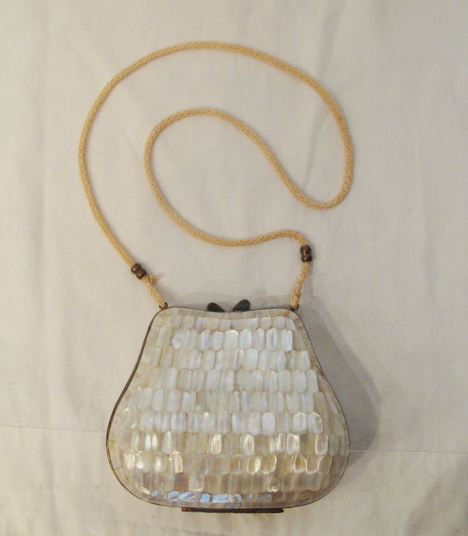 Vintage White Shell Mosaic Shoulder Bag with Brass Trim and Rope Strap