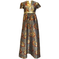 Vintage 1960s Metallic Floral Column Dress. Terra Cotta & Dusk Blue