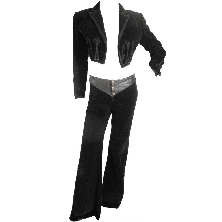 AMAZING 2pc Blk Velour & Leather Bolero Pant Suit For Sale
