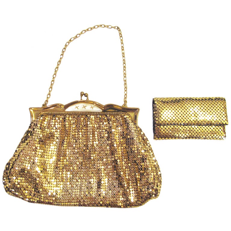 Whiting & Davis Gold Mesh Purse with Mother of Pearl and Key Holder For Sale