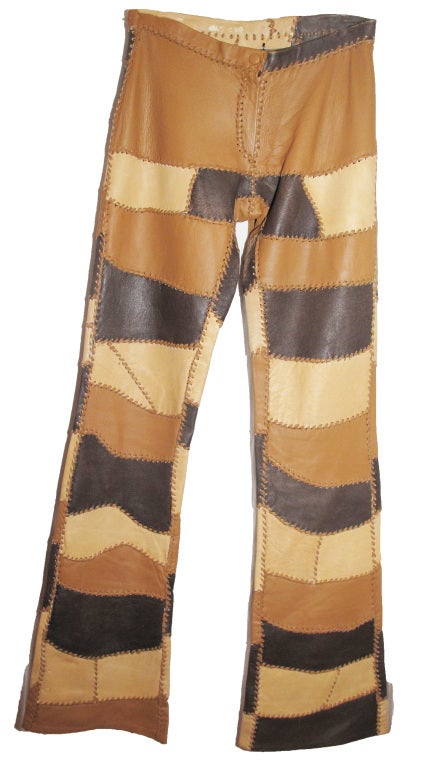 1970s Whipstitch Leather Patchwork Bell Bottoms